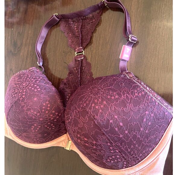 NWT PINK Womens 34DD E Push Up Bra Padded Underwire Purple Lace Pink Velvet - Picture 3 of 11